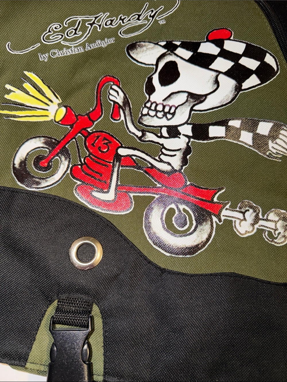 Ed Hardy Olive, Black & Red Skull Motorbike Messenger Bag